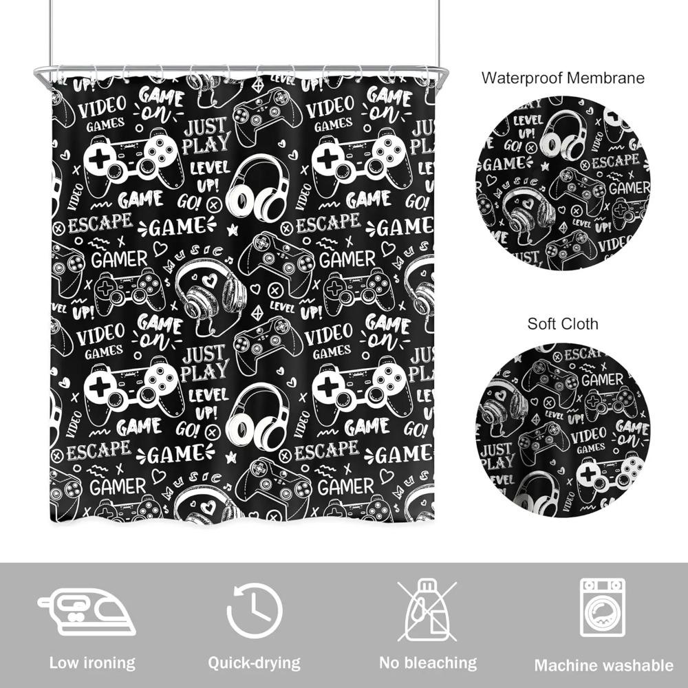 Boys Gamer Video Game Printed Shower Curtain Black White Graffiti Gamepad For Bathroom Decor