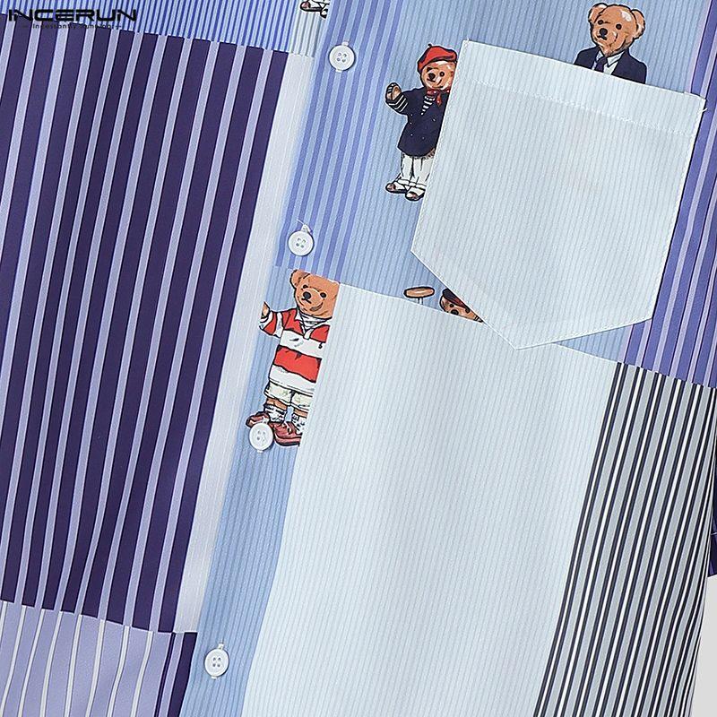 INCERUN Summer Men Lapel Half Sleeve Striped Print Button Up Casual Shirts