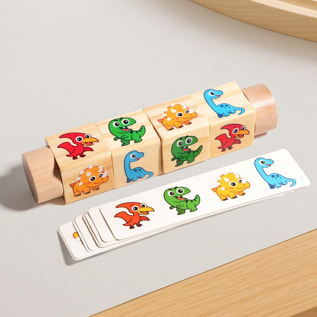 Wooden Dinosaur Animal Puzzle Rolling Block Toy Montessori Match Game With Cards 1 PC Fine Motor Training Toy Gift for Toddlers
