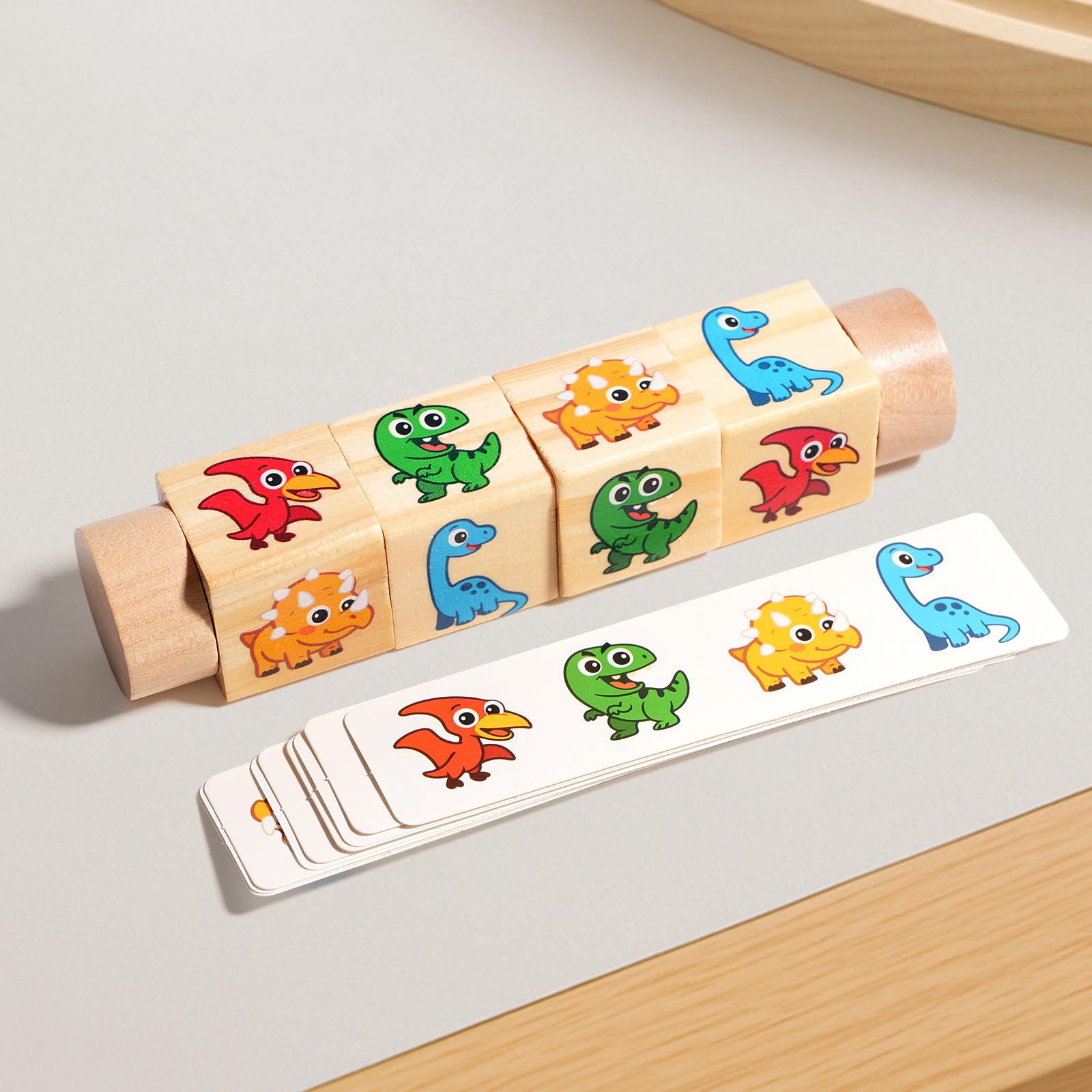 

Wooden Dinosaur Animal Puzzle Rolling Block Toy Montessori Match Game With Cards 1 PC Fine Motor Training Toy Gift for Toddlers