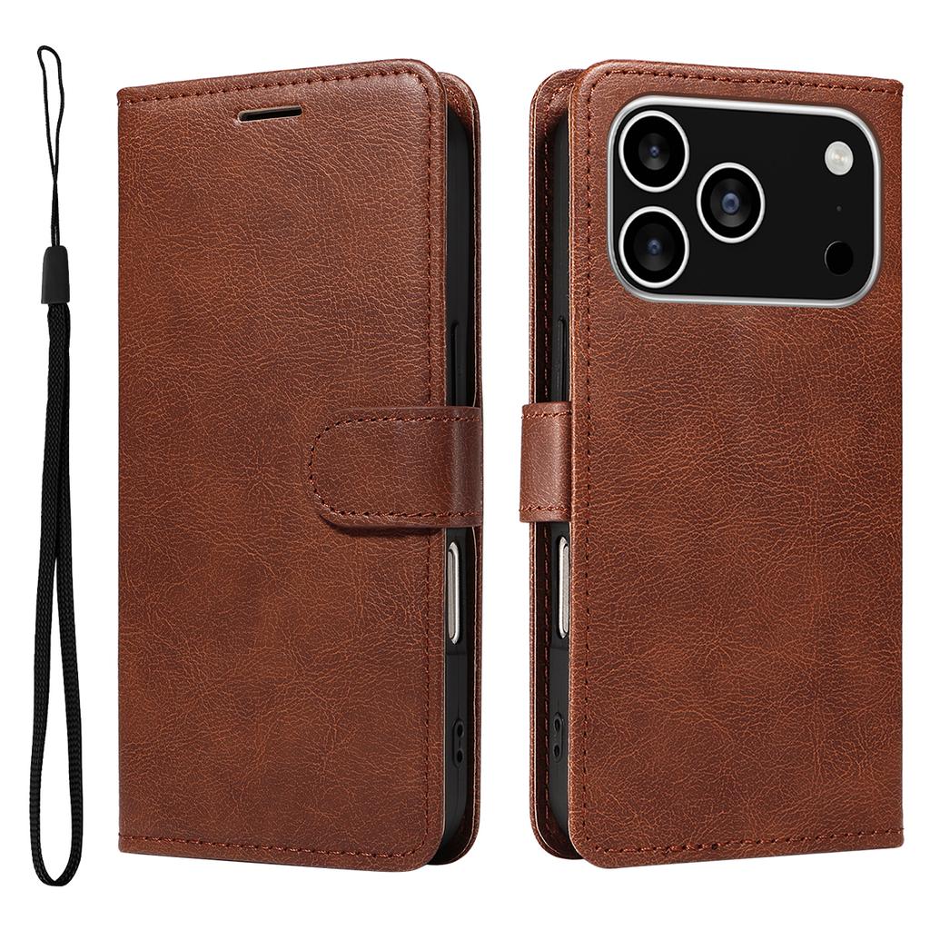 For iPhone 17 Pro Leather Wallet Case with Strap Solid Color Phone Stand Cover