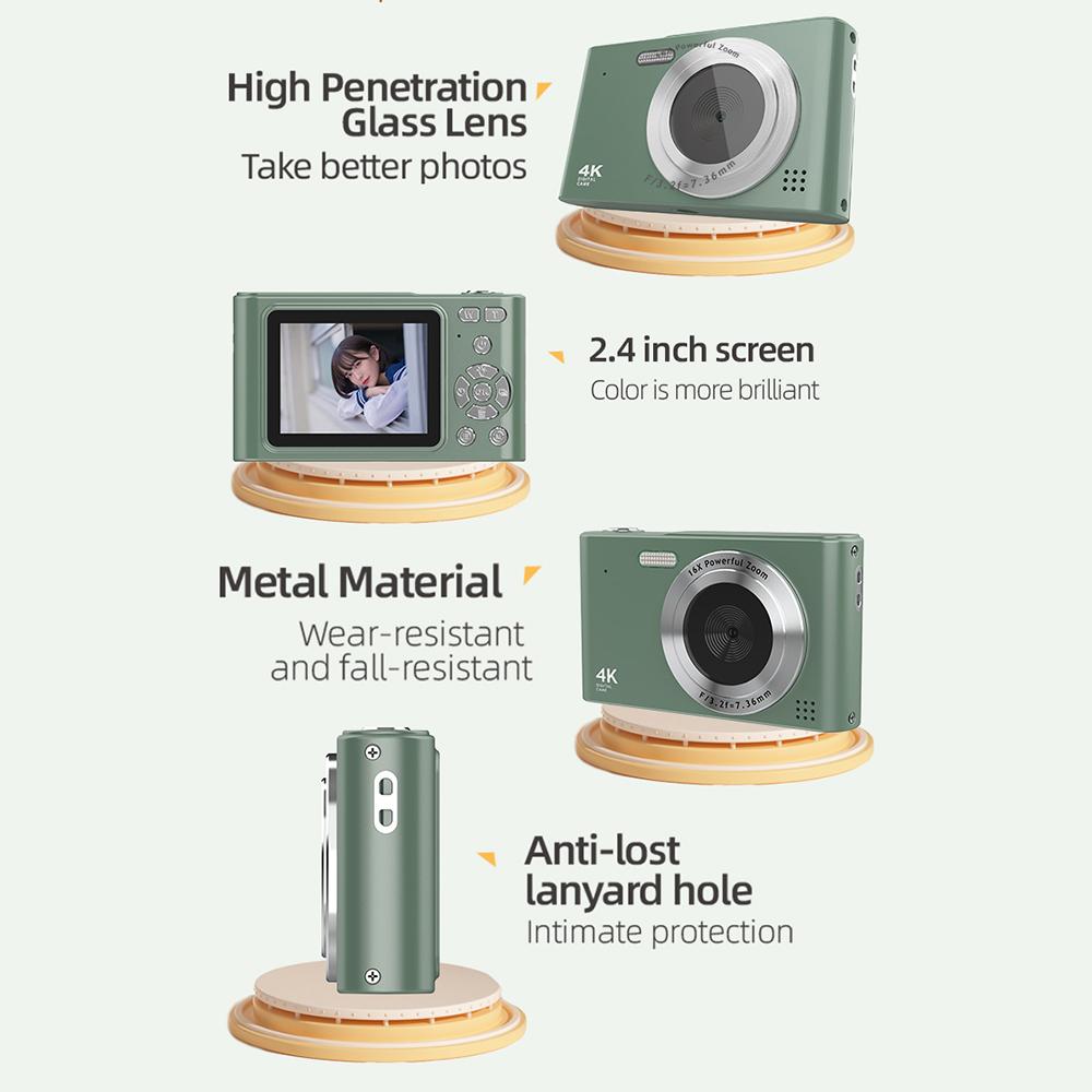Khaki 4K Digital Camera 48MP 2.4 Inch Screen 16X Digital Zoom Anti Shake Face Detection Beauty Effect Built In Flash