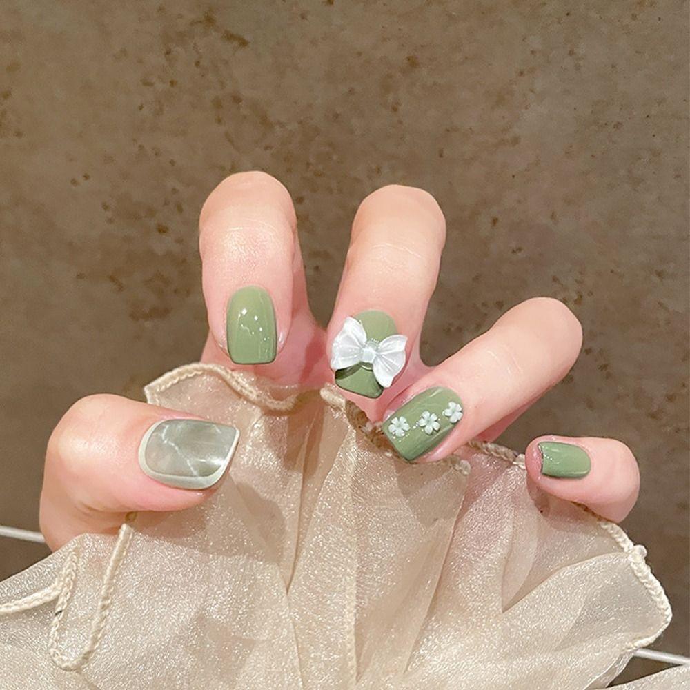 

24pcs Nail Tips Full Cover Detachable Short Almond False Nails Drill Flower Fake Nails