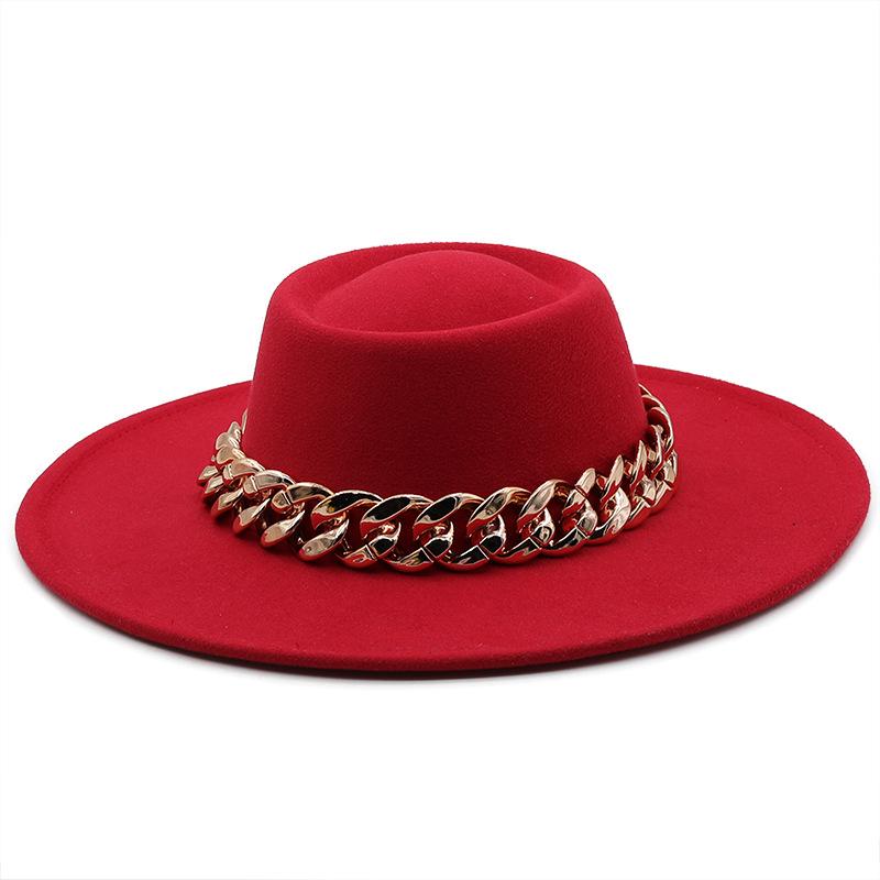 New retro ethnic style. Eaves wool woolen felt hat concave and convex top men's and women's top hats, big eaves thick gold chain hat