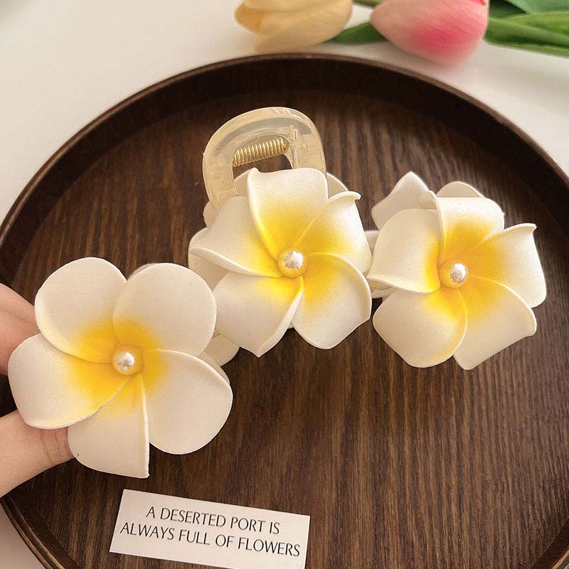 New Bohemian Yellow Plumeria Flower Pearl Headdress Hair Clip Claw Women Girls New Grab Back Of The Head Hair Accessory