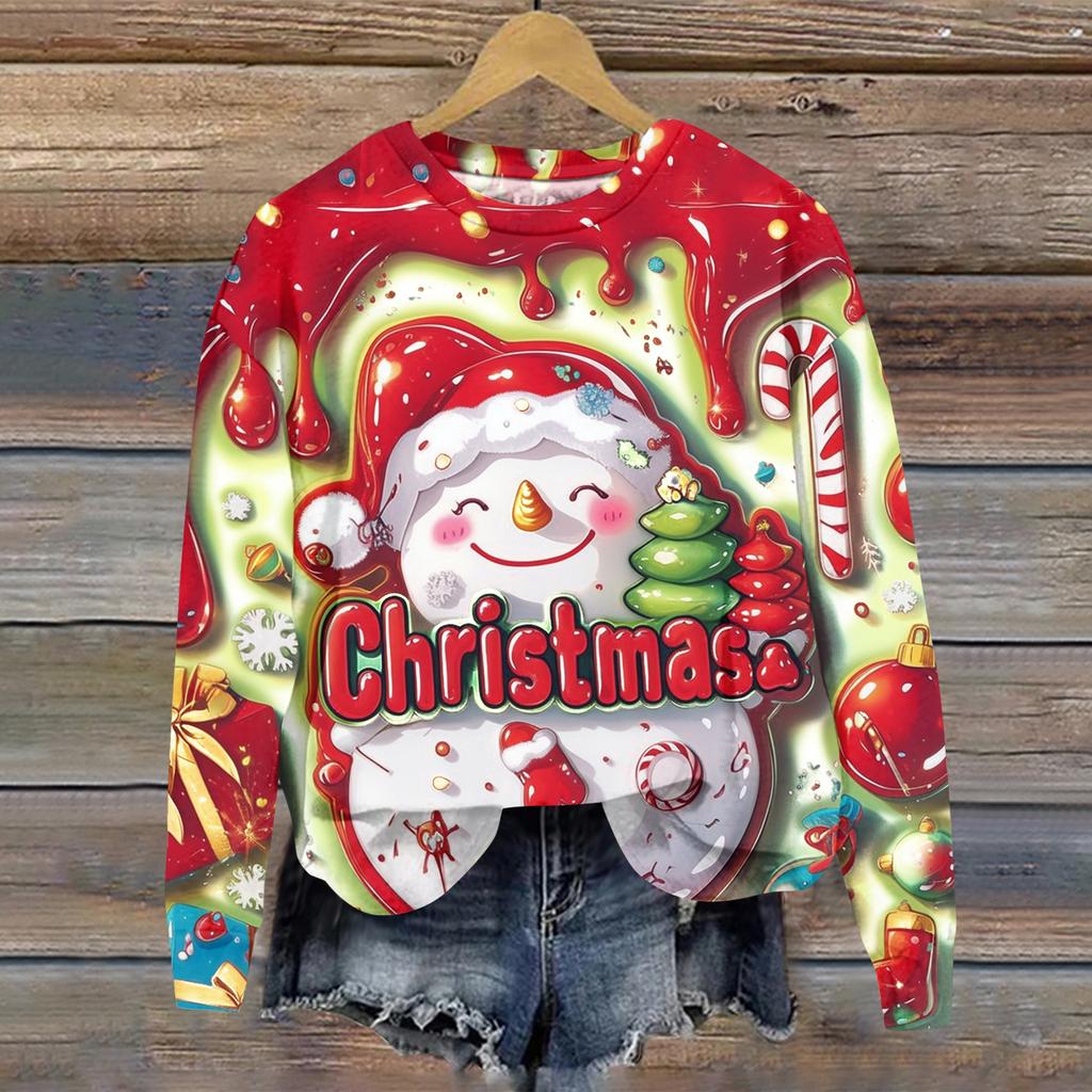 Ladies' Christmas Printed Long Sleeved Round Neck Hoodie Loose Top