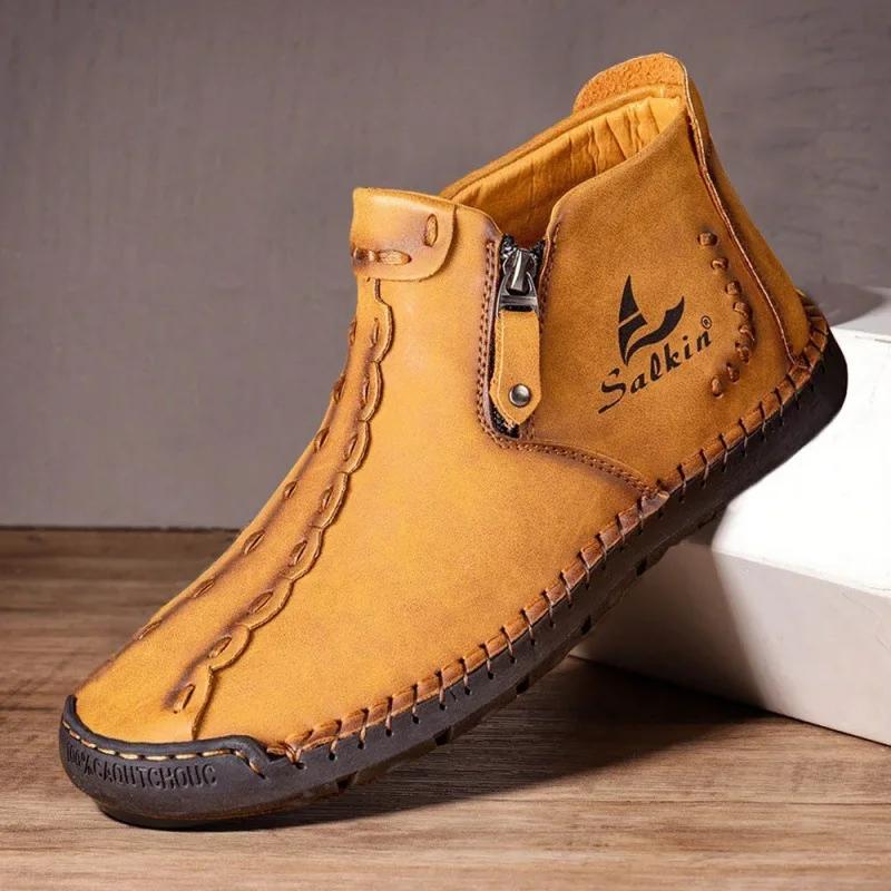 Modne skórzane botki męskie 2024 Nowe sneakersy z wysoką cholewką Luksusowe buty zimowe Obuwie męskie Casualowe futro Ręcznie robione buty motocyklowe Mężczyzna