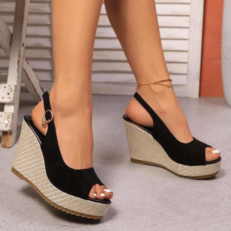 

Модные женские сандалии с открытым носком, модные повседневные сандалии на танкетке, лето 2025, новая коллекция, удобные сандалии на толстой подошве с ремешком на пятке, элегантные пляжные прохладные туфли-лодочки 39 чёрный
