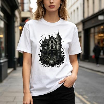 Gothic Haunted Unisexsion Graphic Tee for Unisex Unisex Casual Streetwear Tshirt Cool Dark Aesthetic Haunted Unisexsion with Black Roses