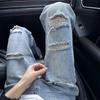 High Street Washed Blue Hot Diamond Ripped Jeans Summer Thin American Fried Street Straight Beggar Scratched Pants
