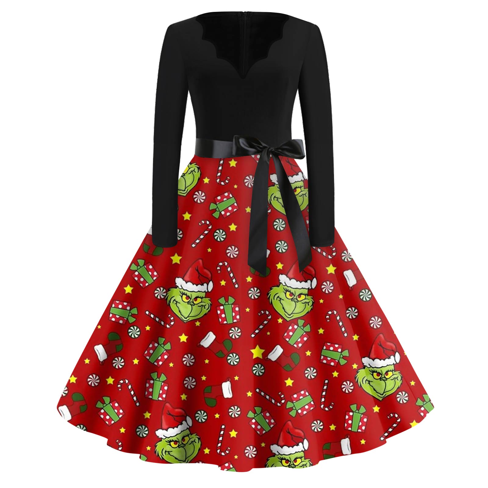 

Жіноча мода Сукня з V-подібним вирізом, повсякденна, приталена, з різдвяним принтом, з довгим рукавом M червоний