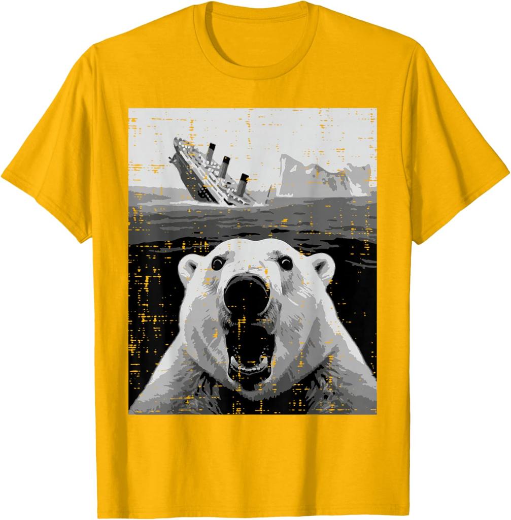 Polar Bear Sinking Titanic Meme Graphic Tee Funny Casual Short Sleeve TShirt for Men Women