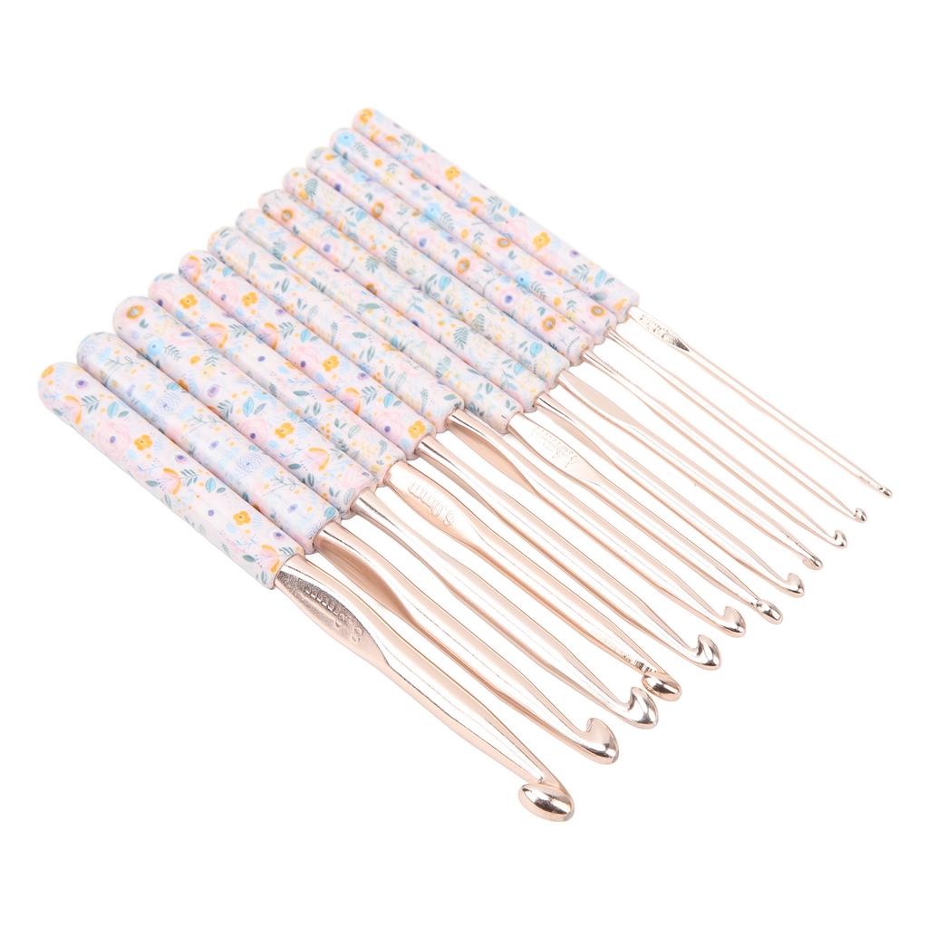 Crochet Needles Set Aluminium 12 Sizes Elegant Ergonomic Plastic Blue Flower Stamped Handle Crochet