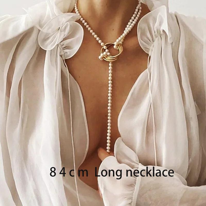 Long Vintage Pearl Pendant Necklace for Women Elegant Beaded Long Tassel Sweater Collar Chain Temperament Fashion Jewelry