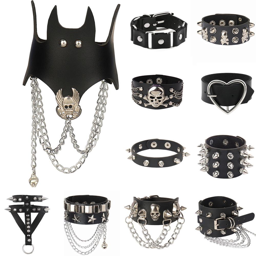 DIEZI Punk Goth Bat Skeleton Wrap Bracelet Women Men Vintage Harajuku Black PU Leather Chain Bracelet Bangles Halloween Jewelry