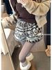 Women's High-Waisted Casual Caramel Lamb Wool Shorts - Winter Loose Fit Fair Isle Pattern