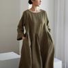 Vestito Oversize Stile Giapponese Coreano Cotone Lino Pullover Girocollo Monocolore Lunghezza al Ginocchio Gonna Svasata