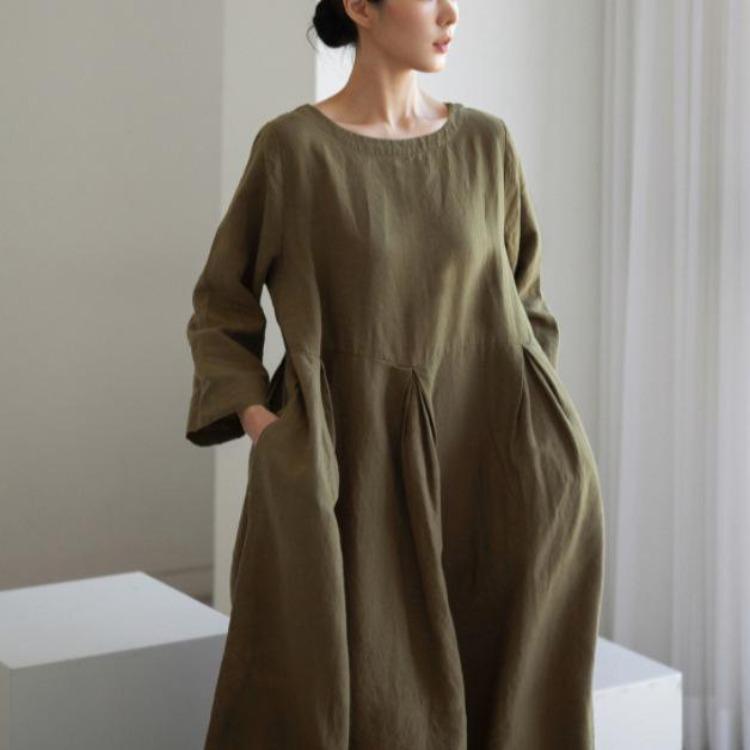 Vestito Oversize Stile Giapponese Coreano Cotone Lino Pullover Girocollo Monocolore Lunghezza al Ginocchio Gonna Svasata