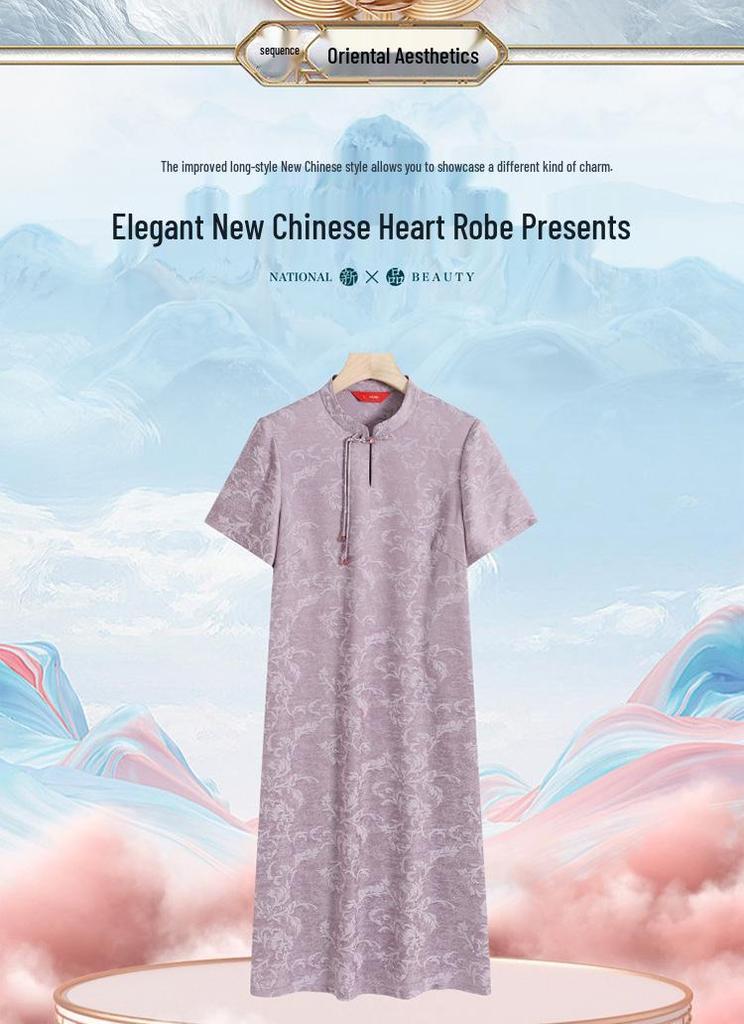 Summer Short-Sleeved Faux Silk Qipao Dress for Middle-Aged and Elderly Women