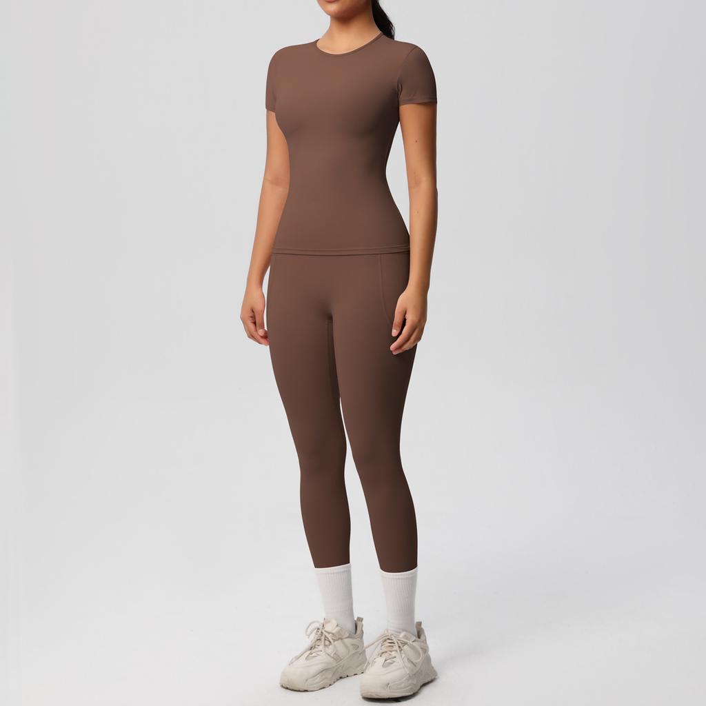 Solid Color Double-sided Brushed Breathable High Elasticity Tight Yoga Suit Set, Sports Running Fitness Two-piece Set
