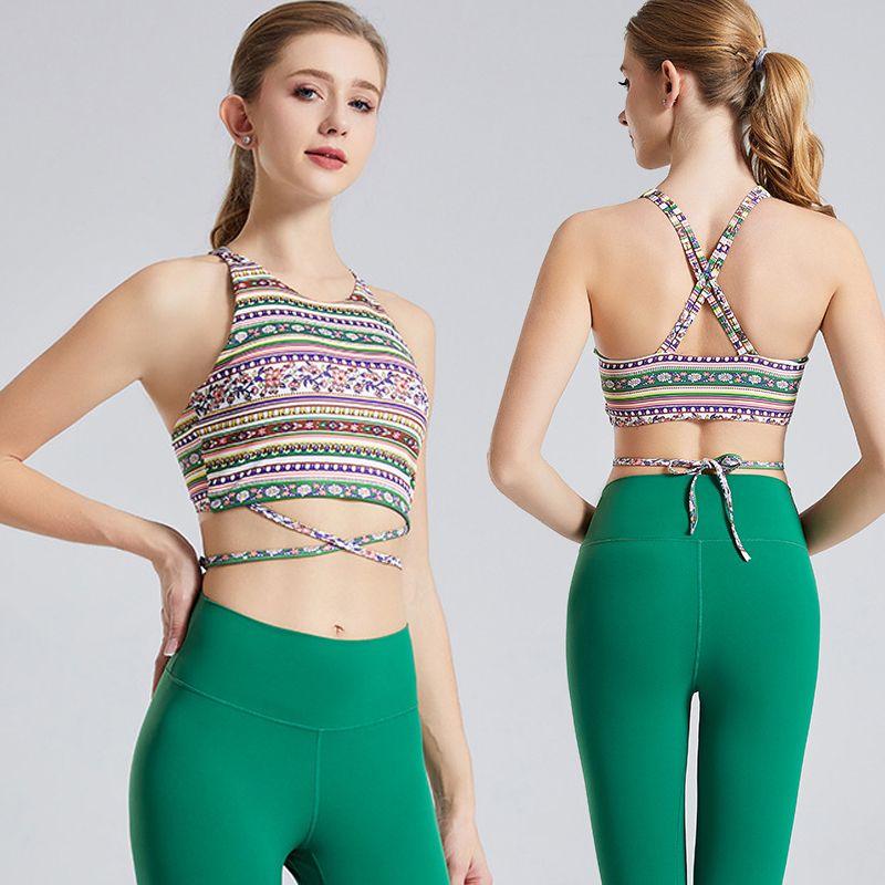 

Floral Vest Yoga Clothes Spaghetti Strap Backless Bra Running Workout Exercise Underwear Women s Chest Pad National Style Trendy Ethnic Green Vest S