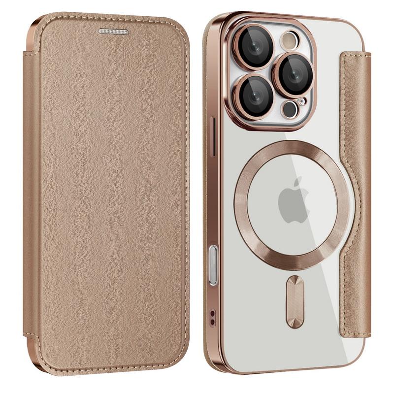 

Чохол-книжка з відділенням для карт для повного захисту для iPhone 16 Pro Max 15 Pro 14 13 12 11 Розкішний шкіряний протиударний прозорий для Magsafe Магнітна задня кришка iPhone 13 золотий