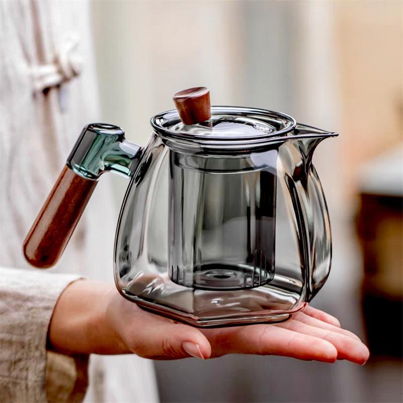 600ml Wooden Handle Hexagonal Glass Teapot with Tea Infsuer Houshold Brewing Tea Pot Tea Ceremony Tea Maker Teaware