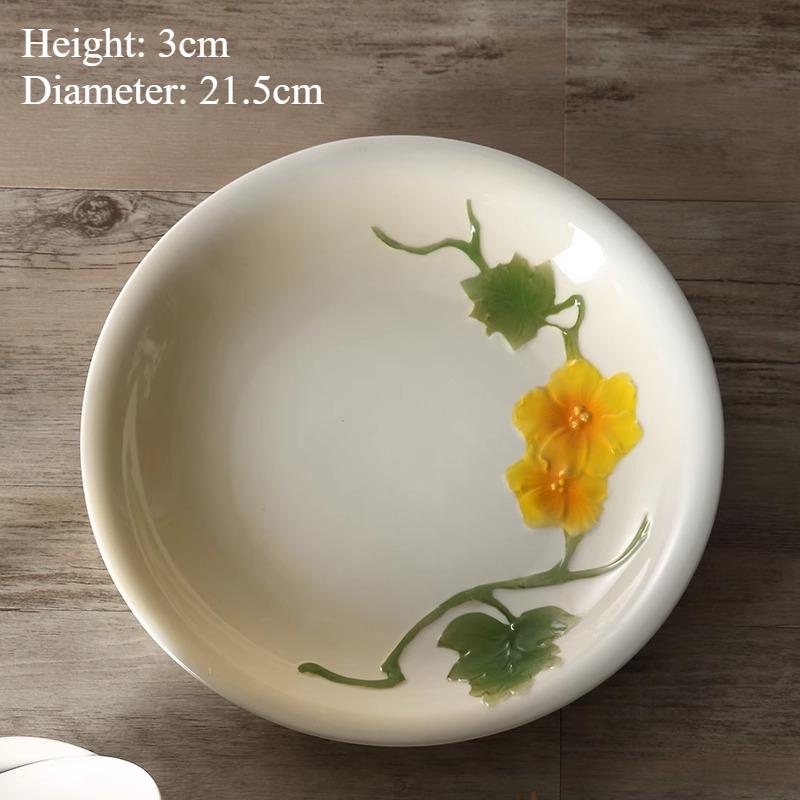 

8.5-inch Ceramic Steak Plate Household Circular Dessert Plate Rural Style Plants Flowers and Vegetable Dishes Underglaze Colour