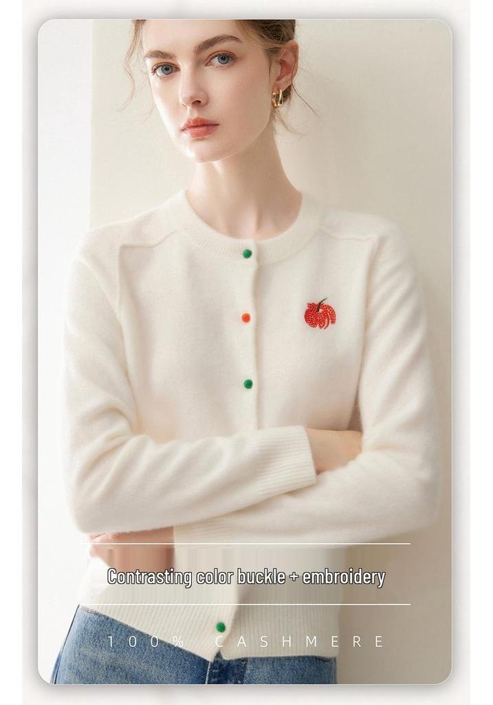 Women's 100% Pure Cashmere Cardigan with Colored Buttons, Round Neck, and Fruit Embroidery.