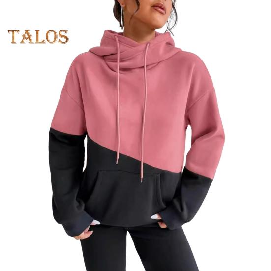 Damska bluza z kapturem na jesień i zimę, z kolorowym blokiem, ściągaczem, długimi rękawami, elastycznymi mankietami i obszyciem oraz dużą kieszenią, gruba sportowa bluzka fitness