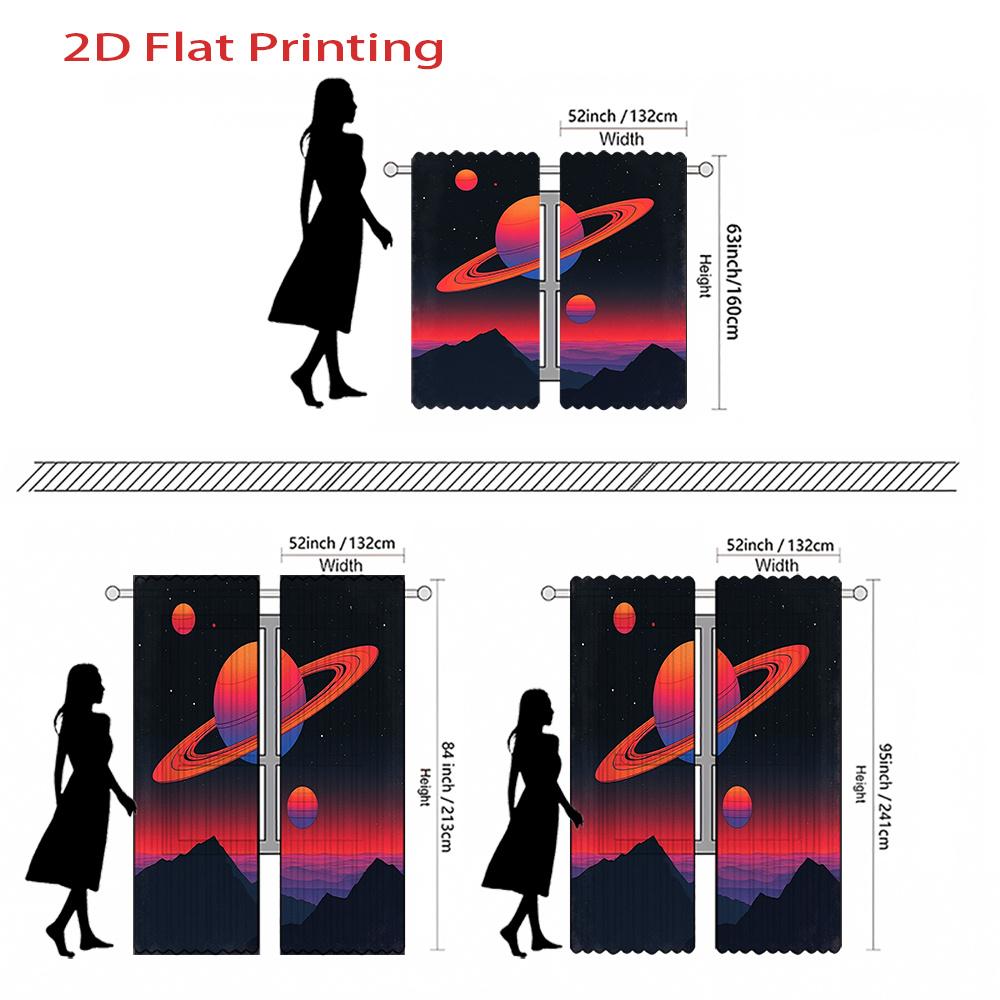 Flat Printing Curtains Retro Space Theme Saturn Planet Mountain Pattern Colorful Cur Curtain Set Of 2 Made Polyester With Rod Pocket Washable