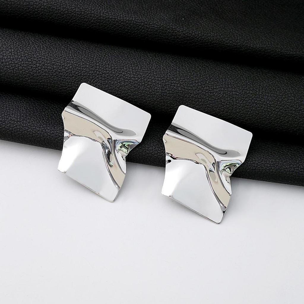 Silver Needle Geometric Textured Square Stud Earrings with Concave-Convex Design