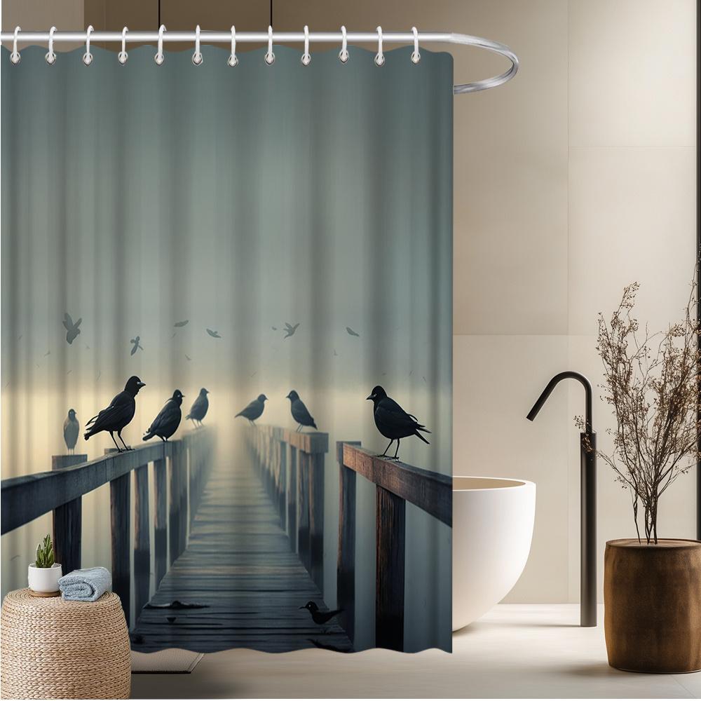 

Crow on Pier Shower Curtain, Eerie Crows & Misty Atmosphere Design, Polyester, 70.8x70.8 Inch, 12 Hooks, Unique Bath Decor W90xH180cm