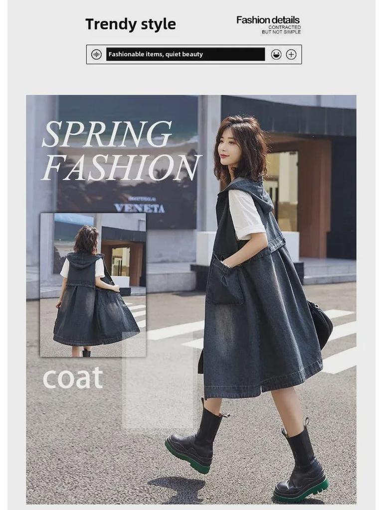 Women's Retro Sleeveless Hooded Denim Jacket with Large Pockets - Summer 2025 Collection