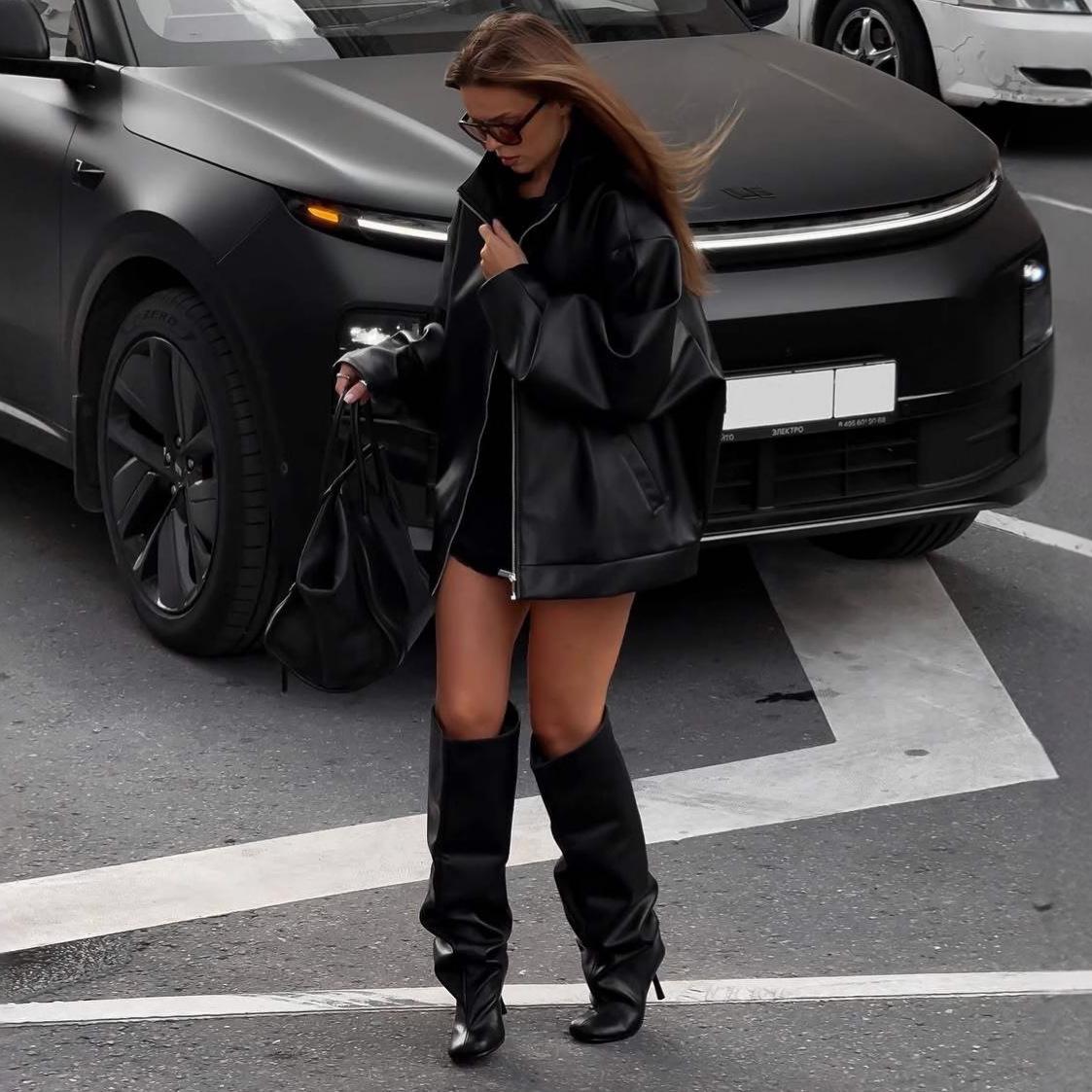 

Women s PU Leather Motorcycle Jacket - Autumn/Winter Solid Color with Zipper L чорний