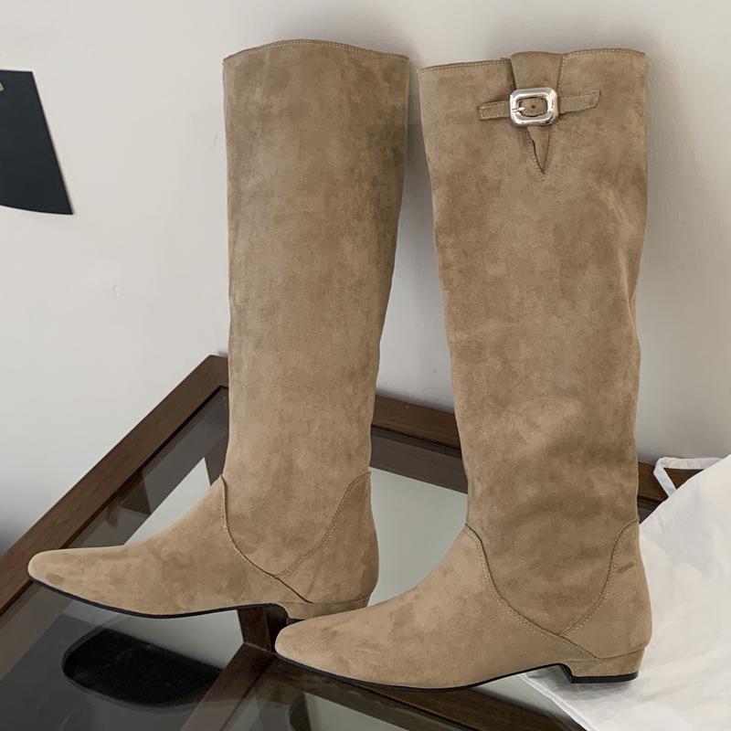 Fashion Eilyken 2025 New Winter Design Vintage Pointed Toe Knee High Boots Women Low Heels Splicing Buckle Strap Female Shoes