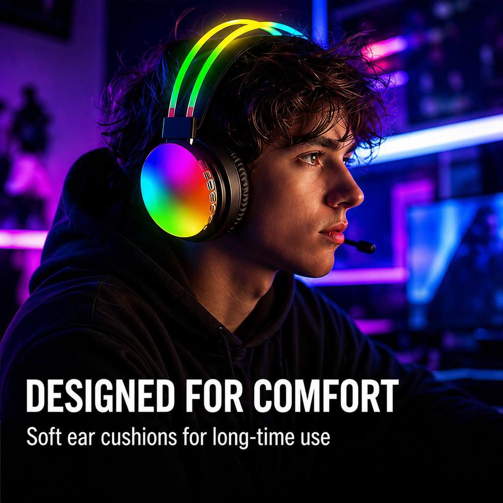 Light-Up Gaming Headset: Wireless Over-Ear Headset with Gradient RGB Lighting Effects
