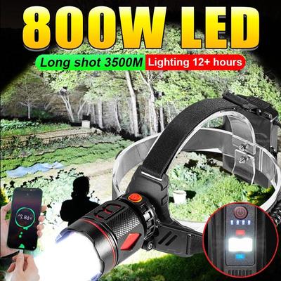 800W LED Super Bright Headlamp Long Shot 3500M Rechargeable Headlight Zoomable Lamp Night Fishing Head Flashlight