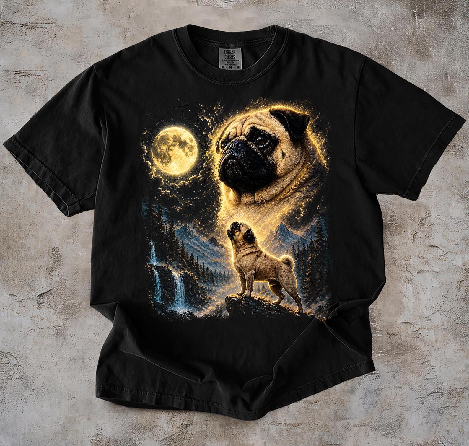 Pug Howling Moon Vintage T-Shirt, 90s Retro Animal Graphic Tee, Silly Dog Shirt S