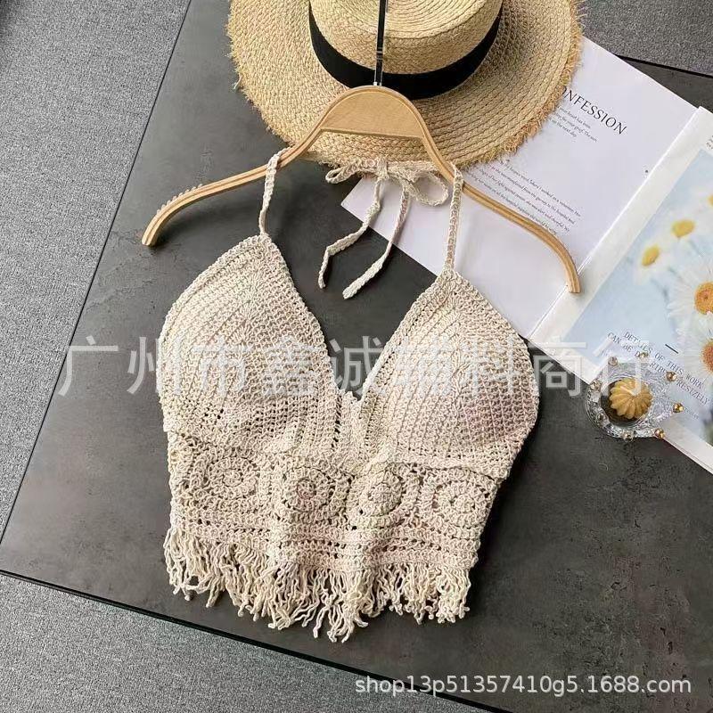 

Neck small vest with chest pad, sling inside, shoulder-spilled backrest, hollow tube top, embroidered vest, women s summer short top One size fits all