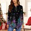 Women's Fashionable Loose-Fit Button-Down Collar Christmas Print Long-Sleeved Top