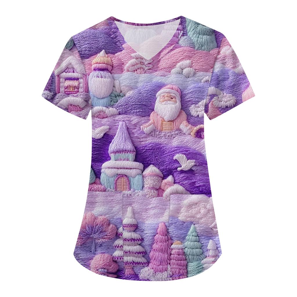 Women's Fashion V-Neck Short Sleeve Overalls With Pockets Christmas Printed Tops  Clothes