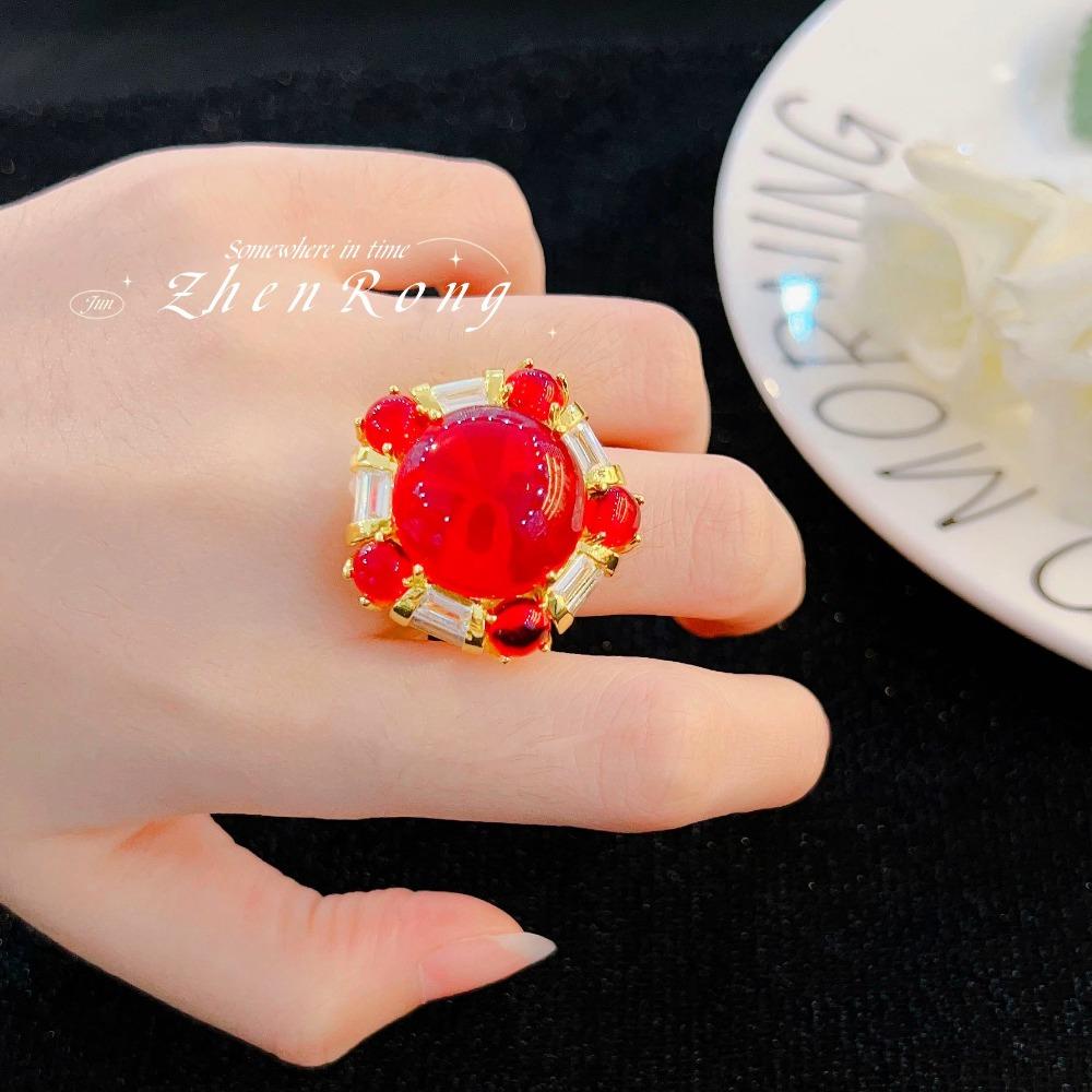 Women Vintage Artificial Pigeon Blood Ruby Ring Large Oval Gemstone Statement Jewelry