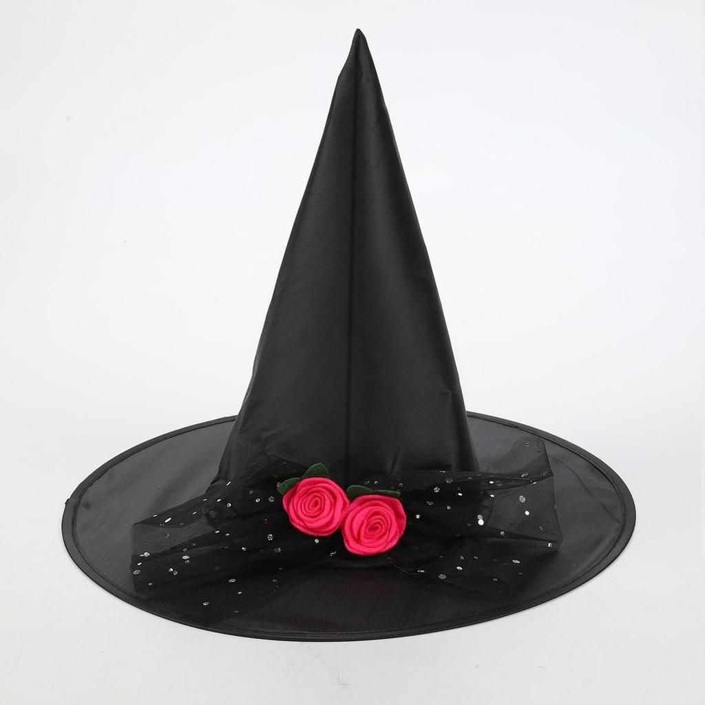European & American Halloween Lace-up Witch Hat - Black Oxford Cloth Pointed Wide-Brim