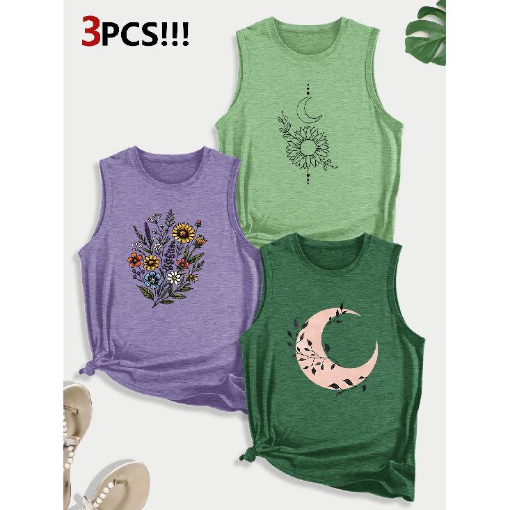 Dog Lover Paw Print Combination Gift Printed Pattern Round Neck3Pack of Sleeveless Vests for Women In Spring, Summer, and Autumn