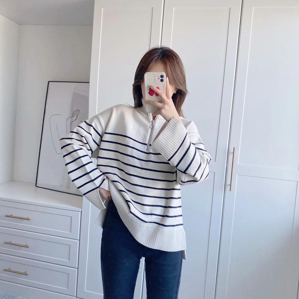 Sweaters Women Fashion Stripe Loose Zipper Knitting Sweaters Vintage Long Sleeve Female Pullover