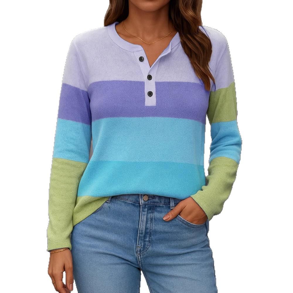 Neues Damen Casual V-Ausschnitt Langarm Lockerer Pullover Digital bedrucktes Damen T-Shirt