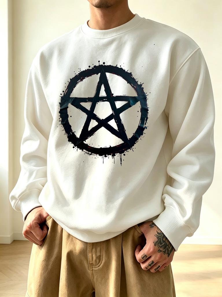 Men's Graphic Print Crew Neck Sweatshirt, Christmas and Halloween Pattern, White Pentagram Star Design, Casual Outdoor Apparel