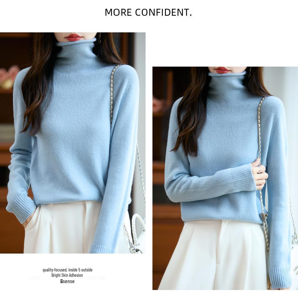 Women's Autumn/Winter Seamless 100% Pure Wool Stacked Collar Sweater - Skeletal Lazy Style Base Layer