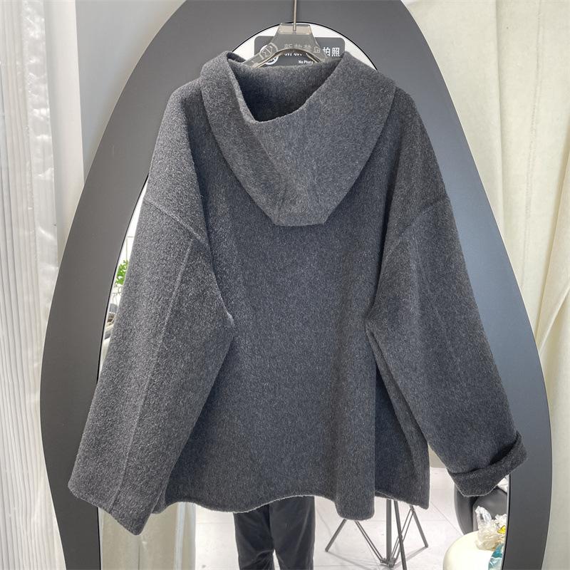 Hooded Double-sided Nylon Wool Coat Coat Women's Woolen Simple and Versatile Casual Commuter Loose Version Medium and Long